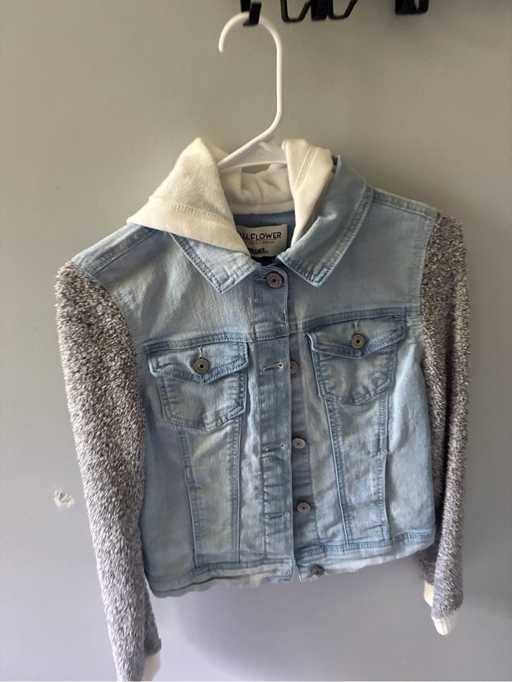 Wallflower Light Blue Denim Jacket with Gray Sherpa Sleeves and White Hood